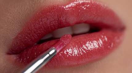 Close-up of a woman applying glossy pink lip gloss with a brush, showcasing full lips and a shimmering finish.