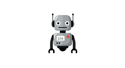 A cute grey cartoon robot with antennae and a screen on its chest. Friendly futuristic android character illustration isolated on a white background.