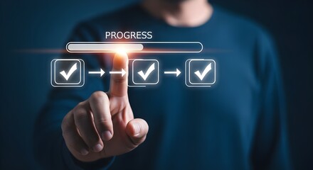 Close-Up of Hand Touching Digital Interface with Progress Bar and Sequence of Checked Boxes on Dark Blue Background

