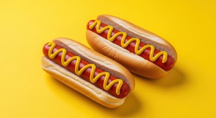 Photo of two delicious hotdogs with mustard on a yellow background