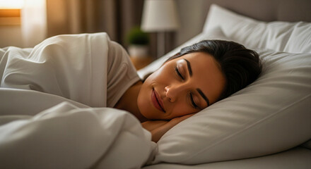 Serene woman sleeping peacefully under soft white duvet, enjoying restful slumber in cozy bedroom sanctuary