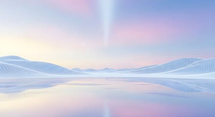 Serene Dreamlike Landscape with Softly Undulating Icy Blue Hills and Reflective Water Under Pastel Gradient Sky

