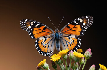 Fototapeta premium A butterfly with orange, black, and white wings perched on a cluster of yellow and pink flowers