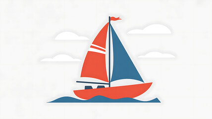 Fototapeta premium Red sailboat on blue water, sailing through clouds. 