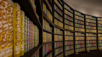 架空のコミック雑誌が湾曲した本棚に並んでいるイメージ
