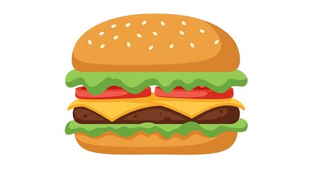 A delicious cartoon cheeseburger illustration with fresh lettuce, tomato, and cheese on a sesame seed bun. Classic American fast food icon.