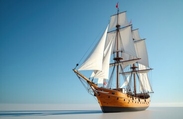 Sailing ship with white sails on calm blue ocean under clear sky