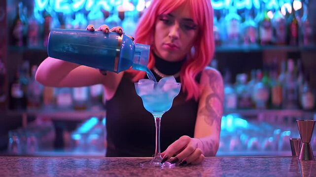 Pink-haired bartender pours neon blue cocktail at a bar with glowing purple lighting