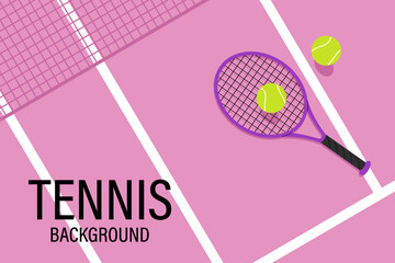Sports background. Tennis competition poster with rackets and ball on pink background. For sports articles or sports equipment store