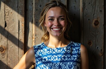 Fototapeta premium A smiling woman with blonde hair wearing a blue patterned dress standing outdoors in front of a wooden fence