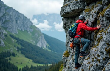 Woman rock climbing outdoors in mountain landscape with lush green hills and cloudy sky
