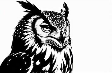 Obraz premium Bold black and white illustration of an owl with intense eyes and detailed feathers