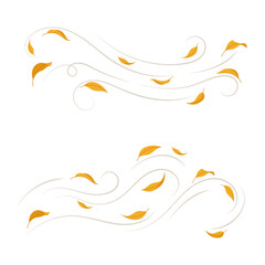 Vector illustration of wind swirls with autumn leaves. For seasonal and nature-themed design projects. Autumn wind with yellow leaves.