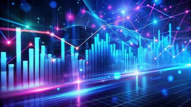 Glowing blue and pink financial chart with rising bar graph and connecting lines and grid pattern