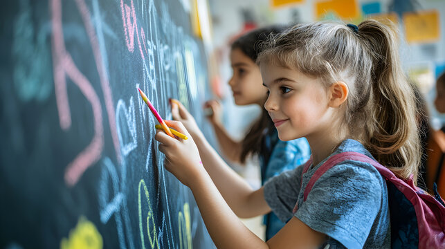 Two young girls writing on a chalkboard with chalk in a classroom during the school day time period