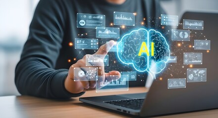 Obraz premium Close-Up of Hands Interacting with Holographic AI Brain Interface Above Laptop on Wooden Desk in Modern Setting