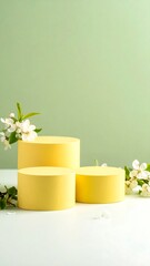 Pastel yellow cylinder podiums with spring blossoms