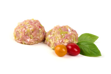 Ground Meat Balls, Tomatoes, Basil, isolated on white background
