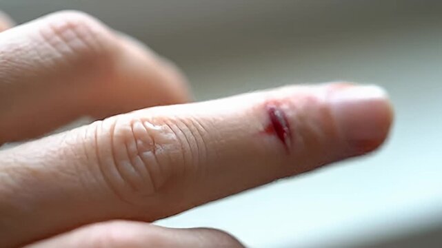 Close-up shot of human finger with a fresh, bleeding, small, but long cut