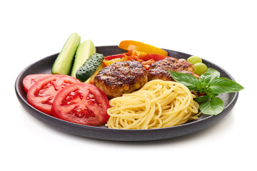 Meatballs with Spaghetti and Fresh Vegetables, isolated on white background