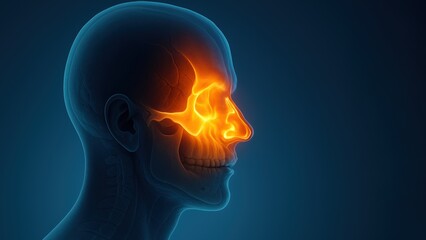 A semi transparent head in profile showing detailed bones and a blue gradient background, sinusitis, sinus infection, sinus headache