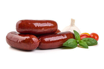 Sausages with Garlic Basil and Tomatoes, isolated on white background