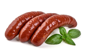 Sausages with Fresh Basil, isolated on white background