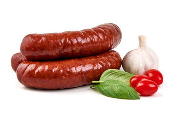 Sausage with Garlic, Basil, Tomatoes, isolated on white background