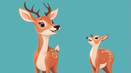  A cute cartoon deer with its baby fawn on a blue background, vector illustration