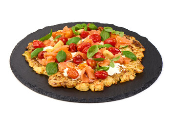 Potato Galette with Smoked Salmon, isolated on white background