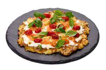 Potato Galette with Smoked Salmon, isolated on white background.