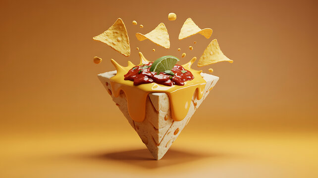3D triangular cheese, nachos, and salsa explode in a vibrant display.
