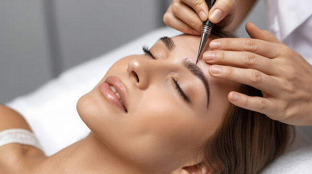 Woman receiving eyebrow microblading treatment.
