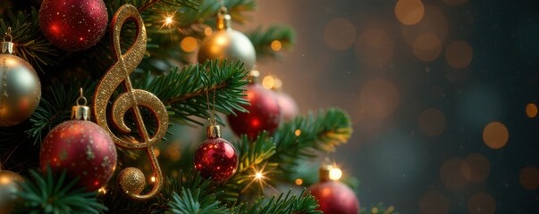 Ornate music note Christmas tree, glittering ornaments , treble clef, seasonal, winter wonderland