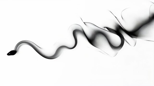 Black and white abstract smoke art featuring snake silhouette with smooth flowing curves and delicate wisps creating elegant flow and mysterious wisp of black and white smoke