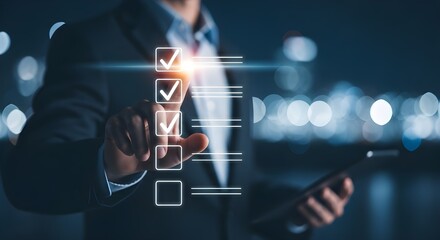 Digital Task Completion Concept with Businessman Checking Boxes on Virtual Screen in Dim Lighting

