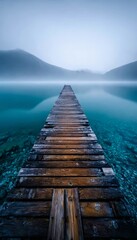 Obraz premium A Serene Misty Lake at Dawn with a Wooden Pier Leading to Enigmatic Unknown Shores and Tranquility