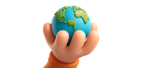 Cartoon 3d icon hand holding the earth globe isolated on transparent background