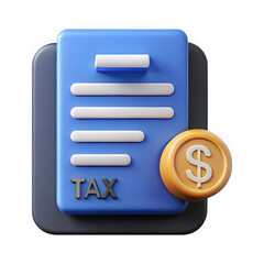 3d tax document with dollar coin isolated on transparent background
