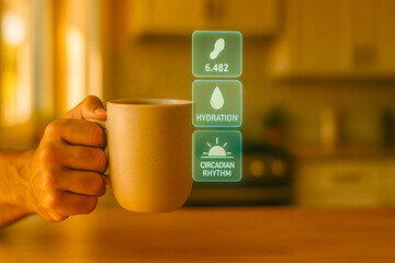 Person holds mug against backdrop with futuristic health and data graphics displayed. Digital interface includes hydration, circadian rhythm, step count indicators, symbolizing technology integration.