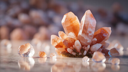 Cluster of orange crystals, surrounded by smaller gems. 
