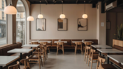 A modern cafe interior with light beige walls, wooden furniture, and white tables. 