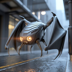 Futuristic insect-like drone, hovering in a city street. 
