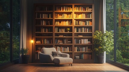 Cozy Reading Nook with Bookshelf and Natural Light in a Serene Room