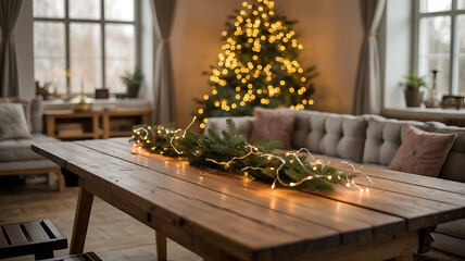 Cozy Christmas living room, a decorated table, warm lights. 