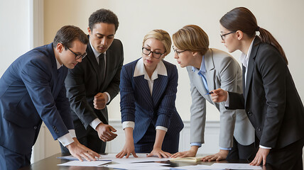 Business team collaborates, reviewing documents. 