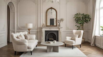 Cream-colored living room with fireplace and elegant furniture. 