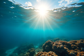 The sun illuminating coral reef through crystal-clear shallow water.
