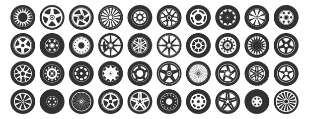 Car tire and wheel icon set. Rubber automobile tires, road maintenance and vehicle parts on transparent background © Alex