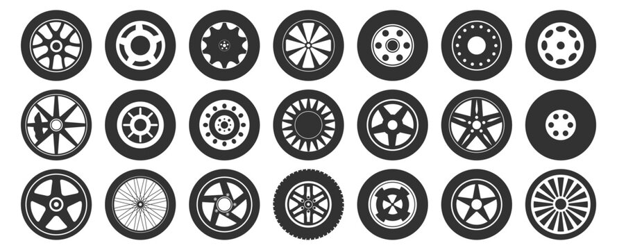 Car tire and wheel icon set. Rubber automobile tires, road maintenance and vehicle parts on transparent background